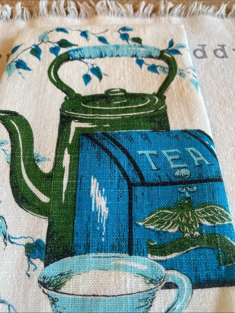 Vintage Tea Time Kitchen Tea Towel - Blue & Green